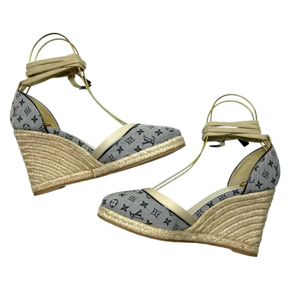 LOUIS VUITTON Ibiza LV Monogram Canvas Espadrille Wedges Sandals EU 40 US 10
